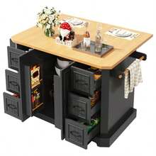 Mobile Kitchen Island, Kitchen Unit, Kitchen Cart With 2 Doors And 6 Drawers, On Casters, (120 X 45 (75) X 91 Cm), White/Black - Black - View 1