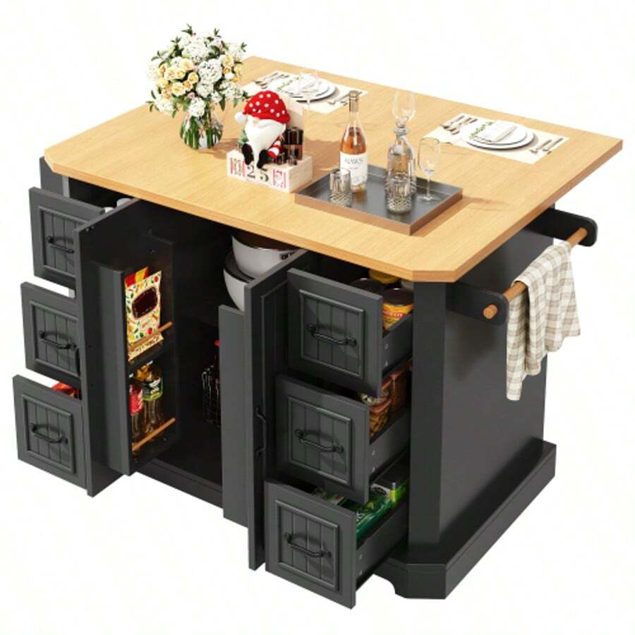 Mobile Kitchen Island, Kitchen Unit, Kitchen Cart With 2 Doors And 6 Drawers, On Casters, (120 X 45 (75) X 91 Cm), White/Black - Black - View 1