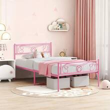 Cama Individual de Metal con Cabecero y Piecero - Base de Plataforma con Listones de Acero, Sin Necesidad de Box Spring | Fácil Armado, Color Rosa, Ideal para Niñas y Adolescentes - Rosa - Ver 6