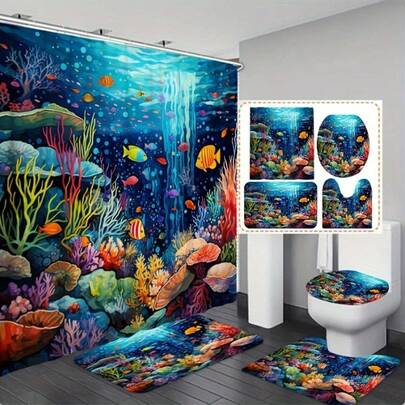 Ocean World Cartoon Series Bathroom Set - Made Of Polyester, Washable And Machine Washable, 1pc/3pcs/4pcs | Shower Curtain, Bath Mat, Toilet Seat Cover