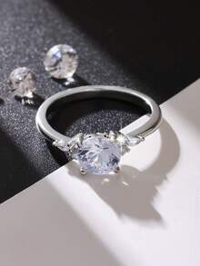 1pc High Quality Shiny Round Cubic Zirconia Ring, Suitable For Women As Valentine's Day Gift, Wedding Engagement Anniversary Party Jewelry, Mother's Day Gift - Silver - View 4