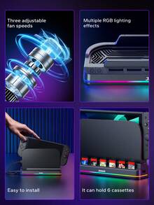 2 Multifunctional RGB Game Console Cooling Stand, Smart Temperature Control Dual Turbine Fans, 6 Game Card Slots. Efficient Silent Cooling System, 3-Speed Adjustment (Up To 4000RPM), Effectively Prevents Overheating And Extends Battery Life. Equipped With Smart Sensing Technology, Automatically Starts With Console Power On And Stops With Power Off. - Multicolor - View 2