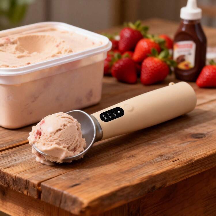 可充电电动加热冰淇淋勺，带LED显示屏和挂环，IPX7级防水，3种加热模式，最高温度160°F（71°C），符合人体工程学的防冻手柄，易于清洁，适用于冰淇淋、冻酸奶、冰棒等。 - 黃色 - 查看 12