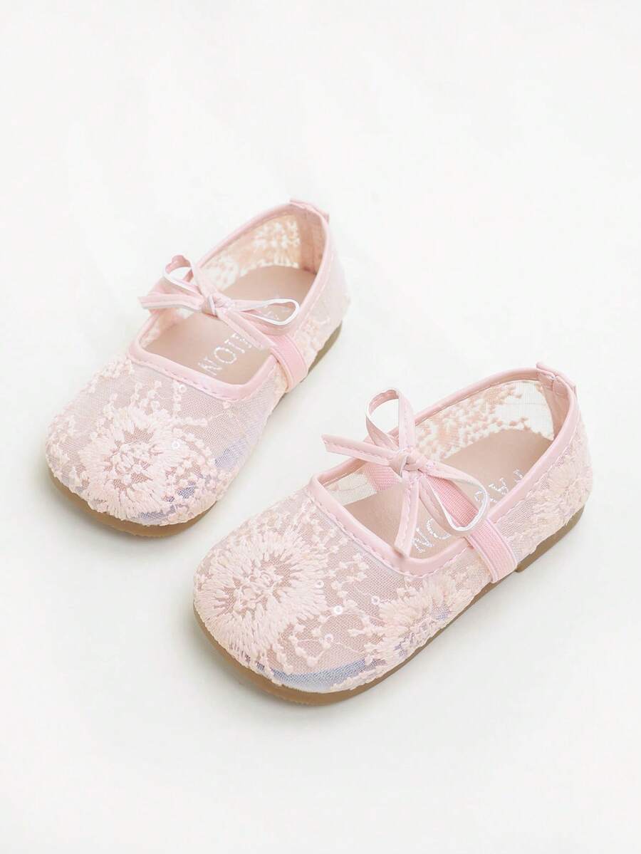 1双简约纯色透气蝴蝶结装饰平底鞋，女童款，适合户外活动，春夏款 - 粉色 - 查看 1