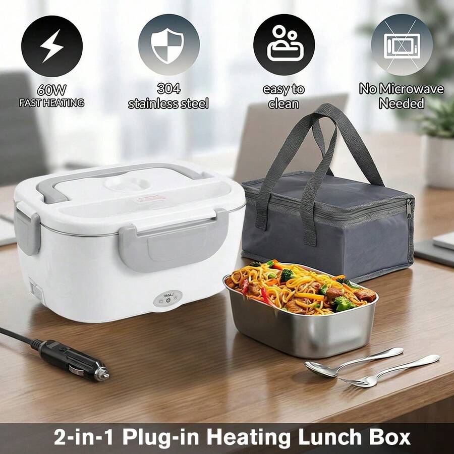 Electric Lunch Box For Adults, 60W Heated Lunch Box With 1.5L Stainless Steel Containers, Portable Food Warmer For Men Women Work Car Truck, 12V - 白灰色 - 查看 1