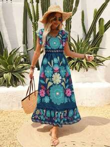 New Autumn Lightweight V-Neck All-Over Cute Leaf & Floral Print Bohemian Casual Pleated Ruffle Hem Waist Splice Maxi Dress, Suitable For Music Festivals, Women's Holidays, Country Music Concerts, Graduation, Parties, Back To School, Teacher's Day, Halloween, Christmas - 藏蓝色 - 查看 4
