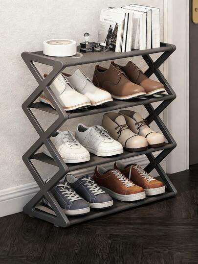 Four-Layer Large Z-Shaped Shoe Rack, Easy To Assemble Without Tools, Pink Plastic Stackable Storage Organizer, Suitable For Home, Dormitory And Living Room, Space-Saving Floor Design, Shoe Storage Organizer