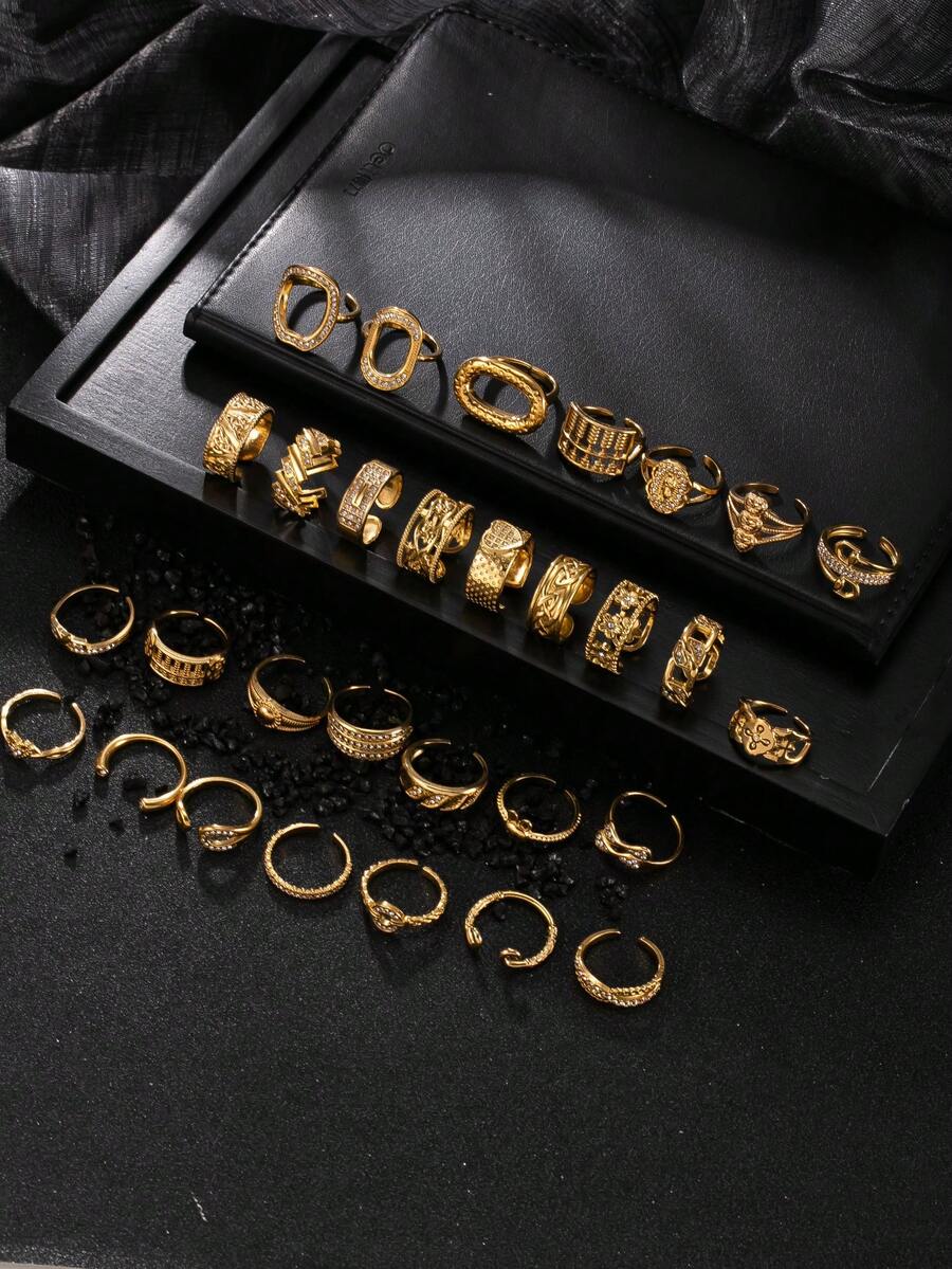 2/4/6/8/15pcs Set 18K Gold Plated Stainless Steel Rings, Random Style Blind Box Series With Cubic Zirconia, Elegant Fashion Rings, Ideal Gift - Gold - View 1