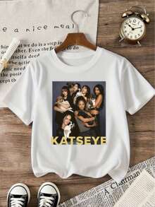 BP Korean Girl Group Pattern Girls Children Youth Cotton T-Shirt - With KATSEYE Pattern Shirt, Casual Short Sleeve Round Neck T-Shirt, Machine Washable, Durable Print Quality Minimalist Style Sweatshirt,New Years Outfit - 白色 - 查看 12