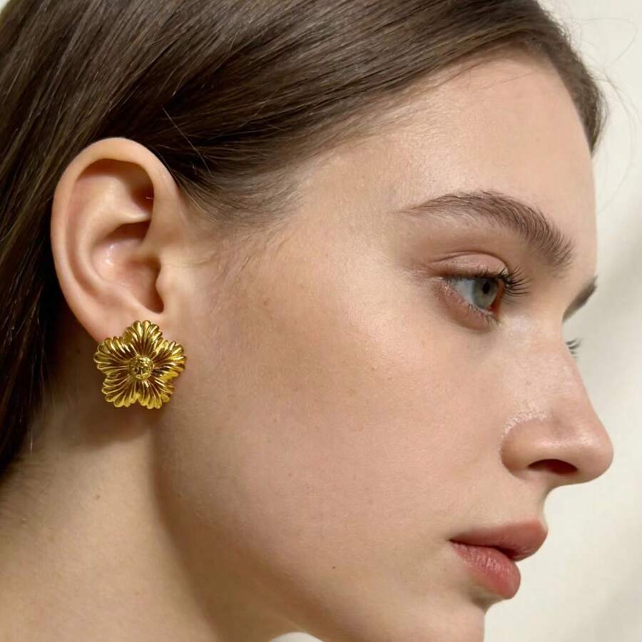 1 pieza Pendientes de flor dorada delicada, accesorio versátil y ligero con textura - Dorado - Ver 1