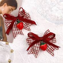 Handmade Red Plaid Strawberry Hair Clip With Cute Bow, Original Lolita Hair Accessory - Multicolor - View 8