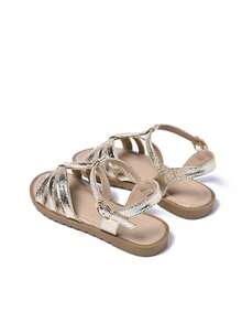 1 Pair Girl's Fashion Versatile Shiny T-Strap Flat Sandals, Suitable For Summer, Vacation, Wedding, Stage, Daily Wear - Gold - View 10