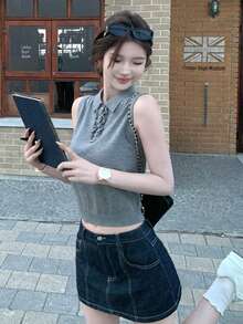 Korean Style Girl Group Polo Collar Sleeveless Knit Top, Designed Slim-Fit Camisole - Grey - View 1