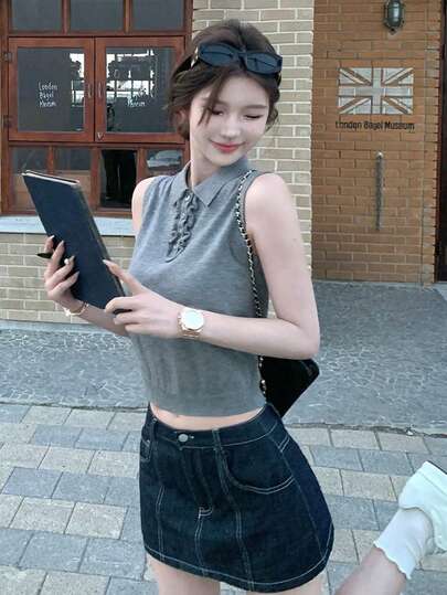 复古风 Polo 领无袖针织上衣，时尚修身背心