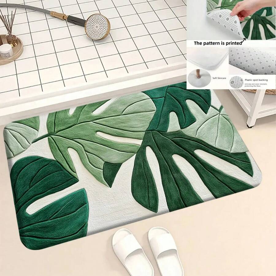 2D Flat, 1 Piece 2D Flat Printed Tropical Green Leaf Pattern Bathroom Door Short Hair Carpet, Suitable For Living Room, Bedroom, Kitchen, Office, Bathtub Shower Decorative Mat, Soft Surface, All-Season Use, Reusable For Halloween, Thanksgiving, Christmas ZZTM12, 2D Flat - 預設 - 查看 1