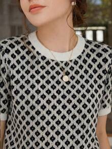 Knit Mix 优雅女士针织上衣，别致法式风格，通勤通勤针织衫，花卉图案，撞色短袖上衣，适合春夏穿着，简约复古返校季、圣诞节、感恩节和新年休闲假日装扮。 - 白色 - 查看 10