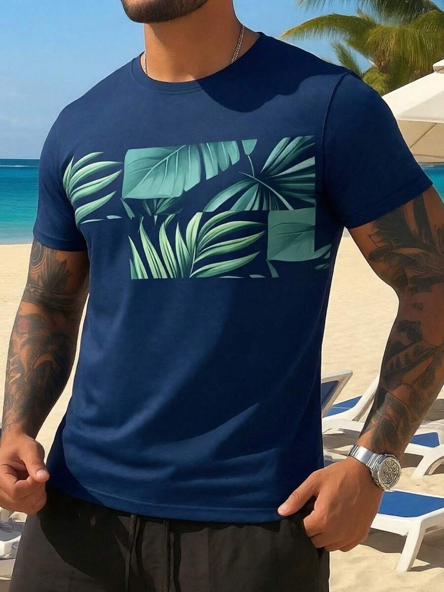 Men's Vacation Casual Style Printed Lightweight Short Sleeve T-Shirt, Suitable For Summer - Multicolor - View 1