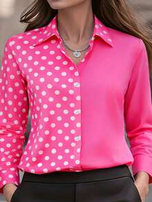 Plus Size Women's Fashion New Arrival Colorblock, Print, Button-Up Shirt Vacation Spring - Hot Pink - View 1