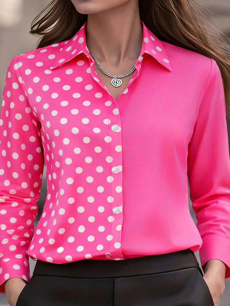 Plus Size Women's Fashion New Arrival Colorblock, Print, Button-Up Shirt Vacation Spring - Hot Pink - View 1