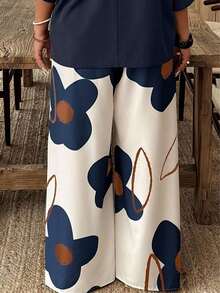Plus Size Elegant Wide Leg Pants, Made Of Non-Stretch Woven Fabric With Floral Pattern Vacation Spring - Apricot - View 2
