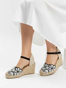 Calzados soraia, Sandalias de Cuña Tipo Alpargata con Brillo Plateado - Zapatos de Esparto con Bordado de Flores y Hebilla - Plata  Bohemio    Hebilla    Vacación - Negro - Ver 3