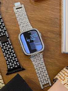 兼容 表带 38mm、40mm、41mm、42mm、44mm、45mm、46mm、49mm，闪亮奢华优雅的钻石金属银色表带和银色表壳，集成屏幕保护膜，兼容 Ultra 3/2/1/SE/S11/S10/S9/S8/S7/S6/S5/S4/S3/S2/S1 系列 - 銀色 - 查看 9