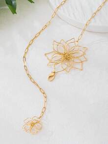 1pc Versatile Hollow Flower Waist Chain, Metal Wire Flower Tassel Design, Vacation Style Women's Waist Chain, Suitable For Beach, Seaside, Casual Holiday, Honeymoon Wear - Yellow Gold - View 5
