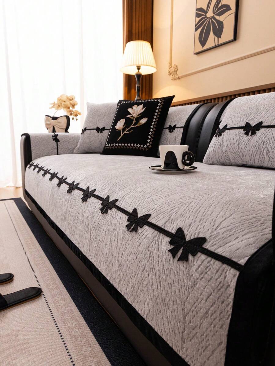 1件欧式清新不规则沙发垫套，蝴蝶结饰边镶嵌，雪尼尔质感沙发垫，奢华简约沙发套，保护沙发，防滑防尘防刮，装饰沙发，适用于卧室、客厅、办公室、书房，可机洗，通用沙发套 - 灰色 - 查看 1