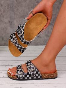 夏季搭扣平底拖鞋，男女通用，沙滩风露趾凉鞋，户外休闲舒适平底鞋 - 黑色 - 查看 2