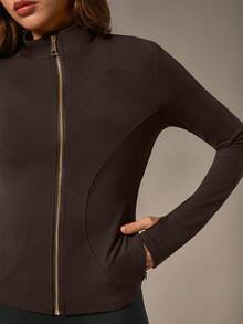 NcmRyu 1pc Women Metal Zipper Stand Collar Thumb Hole Long Sleeve Sports Jacket Spring - Coffee Brown - View 6