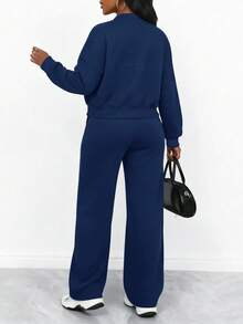 Damen Einfarbiger Reißverschluss Cardigan mit Langarm und Kordelzug gerade Hose Freizeitanzug, elegant und modisch, vielseitig für den täglichen Gebrauch, Herbst/Winter - marineblau - Übersicht 3