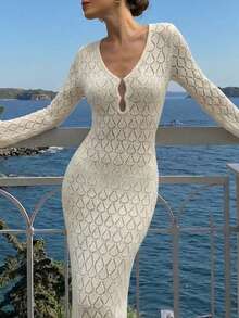 春夏度假奶油白镂空菱形针织V领长袖钥匙孔镂空修身短款上衣 - 米色 - 查看 1