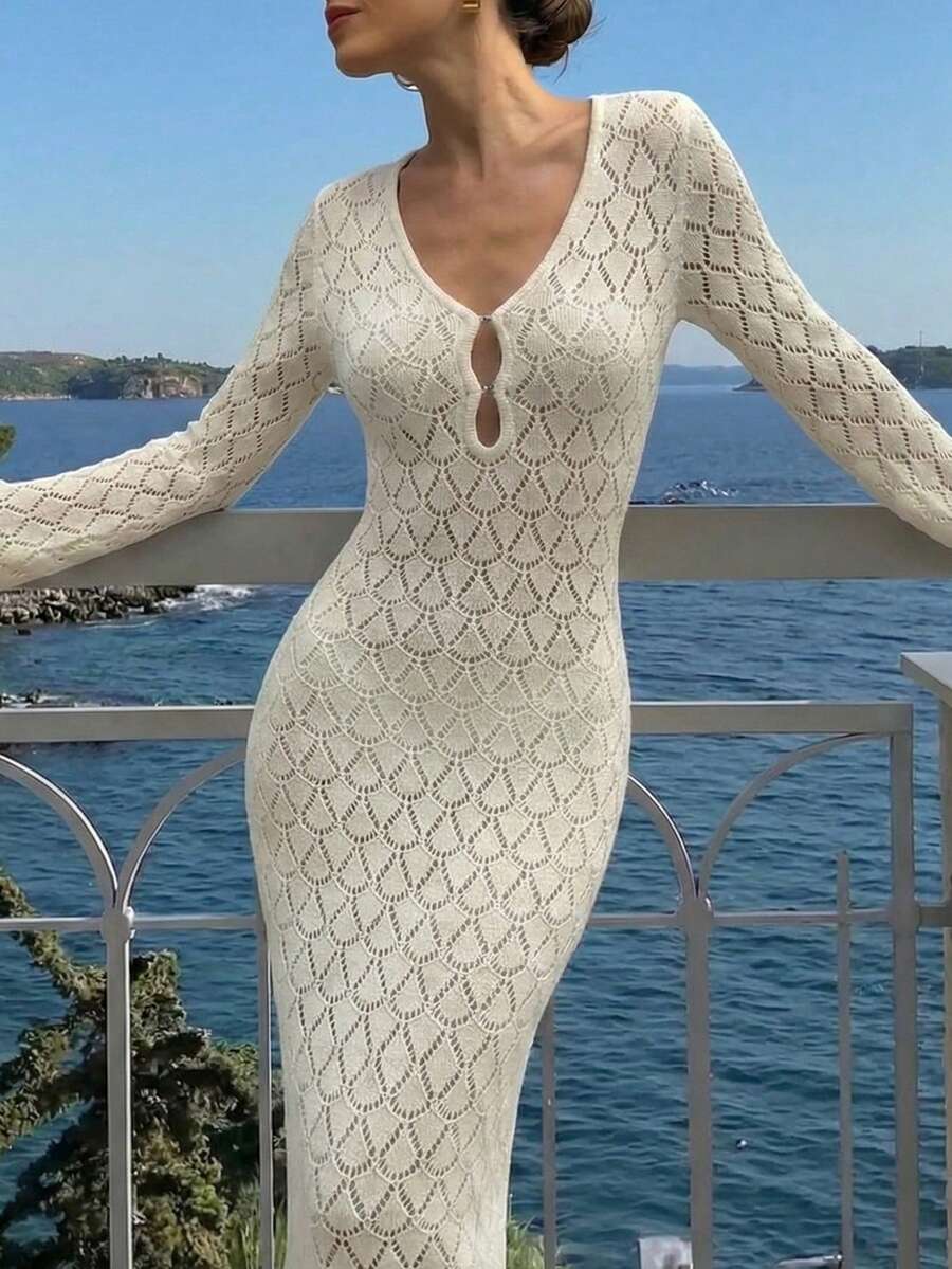 春夏度假奶油白镂空菱形针织V领长袖钥匙孔镂空修身短款上衣 - 米色 - 查看 1