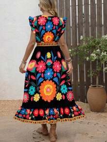 New Autumn Lightweight V-Neck All-Over Cute Leaf & Floral Print Bohemian Casual Pleated Ruffle Hem Waist Splice Maxi Dress, Suitable For Music Festivals, Women's Holidays, Country Music Concerts, Graduation, Parties, Back To School, Teacher's Day, Halloween, Christmas - 黑色 2 - 查看 4
