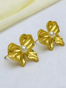 1 par de pendientes asimétricos de acero inoxidable con lazo y perla, adecuados para fiestas y uso diario - Dorado - Ver 6