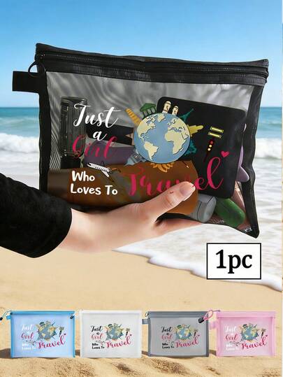 1个透明网眼化妆包，印有“Just A Girl Who Loves To Trip”（热爱旅行的女孩）和地球图案，趣味礼品化妆包，旅行必备化妆包，轻便可折叠旅行化妆包，便携式化妆品收纳包，带拉链旅行洗漱包，旅行配件，送给女飞行员、空乘人员、情侣旅行者的礼物，周年纪念日、情人节礼物