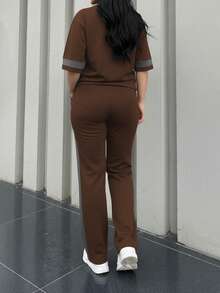 2pcs Women's Spring/Autumn Round Neck Short Sleeve T-Shirt And Elastic Waist Loose Pants Set, Casual Daily Wear - Brown 235 - View 5