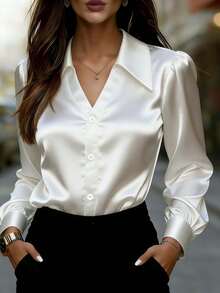 女士优雅白色缎面衬衫，常规长袖，衬衫领纽扣细节 - 白色 - 查看 2