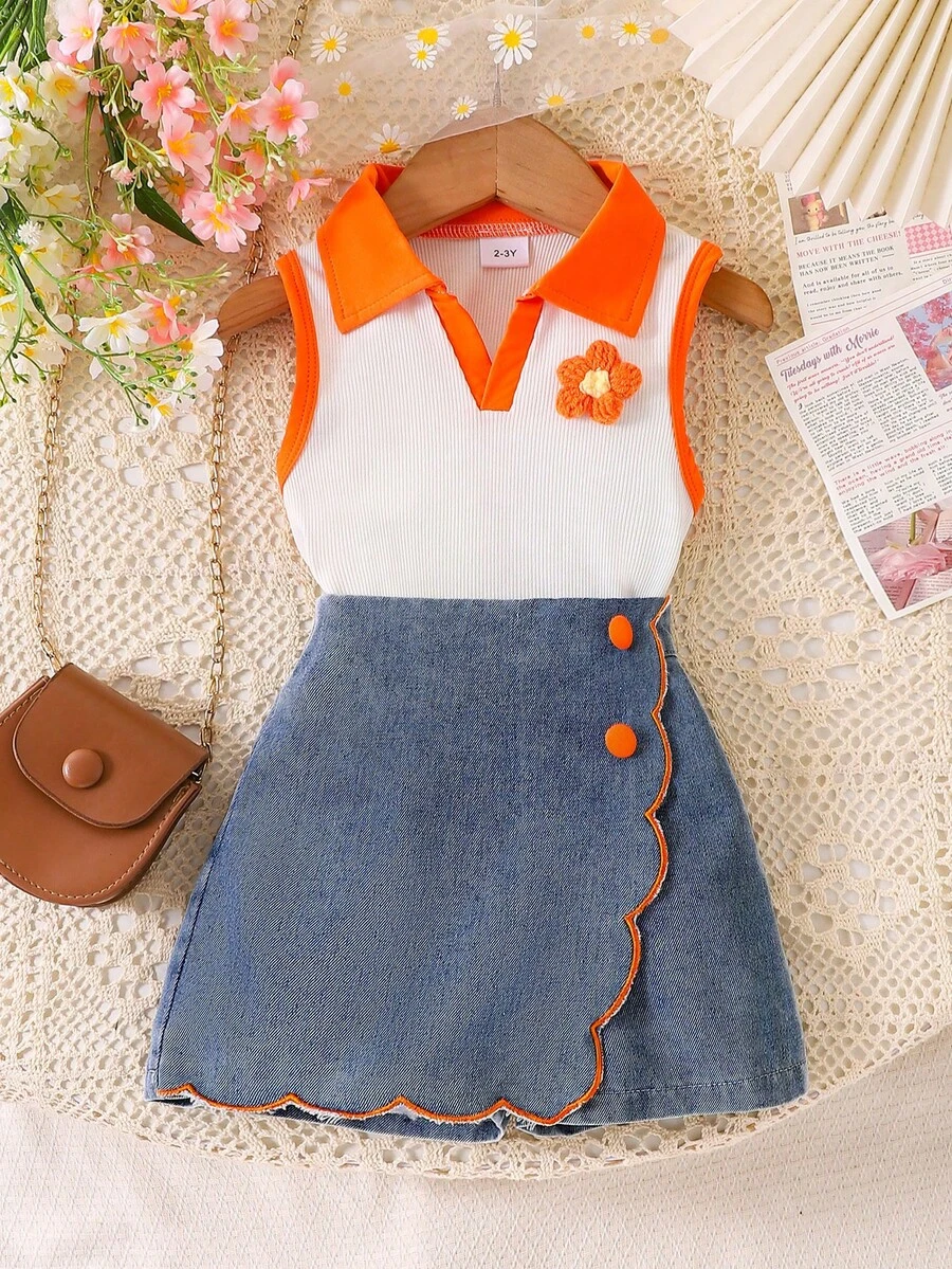 2pcs Young Girl 3D Floral Knit Colorblock Polo Top And Denim Ruffle Skort Set, Summer - Orange - View 1