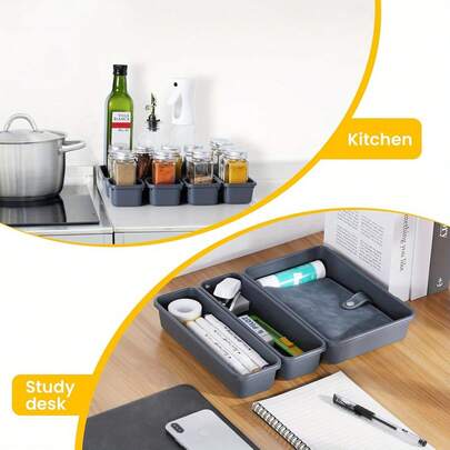 8件套可调节抽屉收纳系统 - 高强度聚丙烯储物盒，适用于办公桌、厨房、浴室 - 可堆叠可调节隔板，防滑抽屉收纳盒