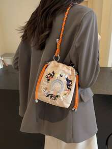 可爱刺绣帆布水桶单肩斜挎包，时尚防水尼龙新款手提包，狗狗刺绣包，女士托特包，带可拆卸肩带 - 彩色 - 查看 3