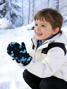 1 par de luvas infantis grossas e quentes de inverno com estampa de dinossauro em cores sólidas para atividades ao ar livre - Multicolorido - Ver 4