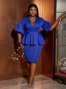 Elegancki komplet z głębokim dekoltem w serek i bufiastymi rękawami w dużym rozmiarze + spódnica ołówkowa, z paskiem i dużym rozcięciem, odpowiedni dla gości weselnych, na romantyczną fotografię portretową, formalne kolacje, rocznice i portrety ślubne - Królewski Niebieski - Zobacz 1