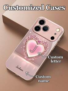 1pc Customizable Text & Letter Design With Pink Heart Shape Tempered Glass Phone Case, Compatible With Iphone 17 Pro Max/17 Air/16 Pro Max/15 Pro/14 Plus/13 Pro/12 Pro Max/11/Xs Max/8/7/6 Plus, S24 Ultra/S25 Ultra/A12/A55/A31/A22, High-End Business Custom, Best Gift For Friends And Family,International Version, Not The Domestic Version - Pink - View 4