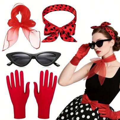 5pcs Set, Includes 1pc 50s Retro Solid Color Scarf, Cat Eye Sunglasses, Polka Dot Headband And Gloves. Suitable For 50s Themed Solid Color Parties, Cosplay, Masquerade, Daily Wear, Theme Parties And Women's Party Accessories.