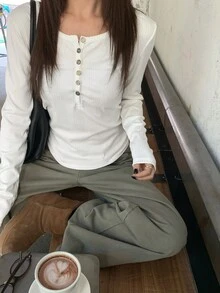 女士拼接荷叶边下摆长袖T恤，独特设计，修身剪裁，适合叠穿，秋季休闲白色春季款 - 白色 - 查看 9