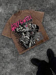 Unisex Washed Skull Print T-Shirt 0-5XL Plus Size Loose Casual Outdoor Sports Versatile Batik Cotton Retro High-Quality Summer Vacation Gift T-Shirt - Cà phê nâu - Xem 1