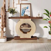LITTLE TREE Entryway Sofa Table With Circle Base, Console Table With Storage And Shelves For Living Room, Hallway - Brown - View 5