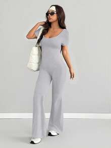 AITYI Studio 女士连体裤，修身剪裁，休闲 U 领纯色时尚性感舒适修身款，适合户外运动，适合毕业典礼、新年、情人节、狂欢节等场合，四季皆宜的弹力针织短袖喇叭裤连体裤 - 花灰色 - 查看 5