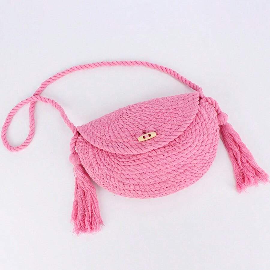 A Woven Cotton Rope Bag With Tassels, A Casual Shoulder Bag For Beach Holidays, A Simple And Versatile, Dumpling-Shaped Women's Bag. - 粉色 - 查看 1